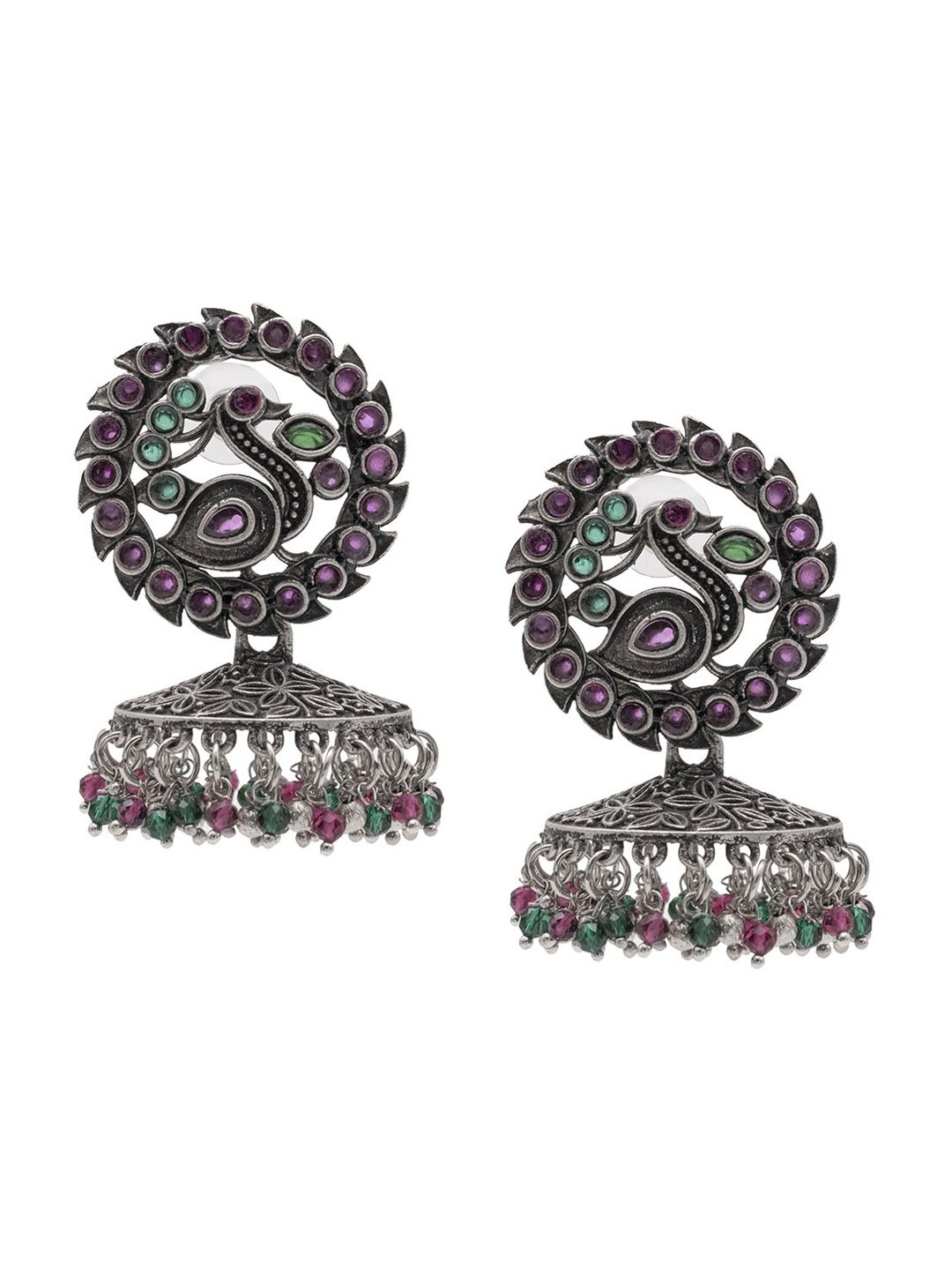 

Shining Jewel - By Shivansh Silver-Plated Cubic Zirconia Studded Dome Shaped Jhumkas