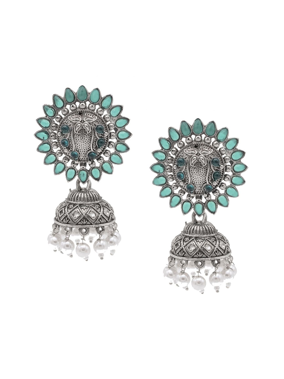 

Shining Jewel - By Shivansh Silver-Plated Cubic Zirconia Studded Dome Shaped Jhumkas