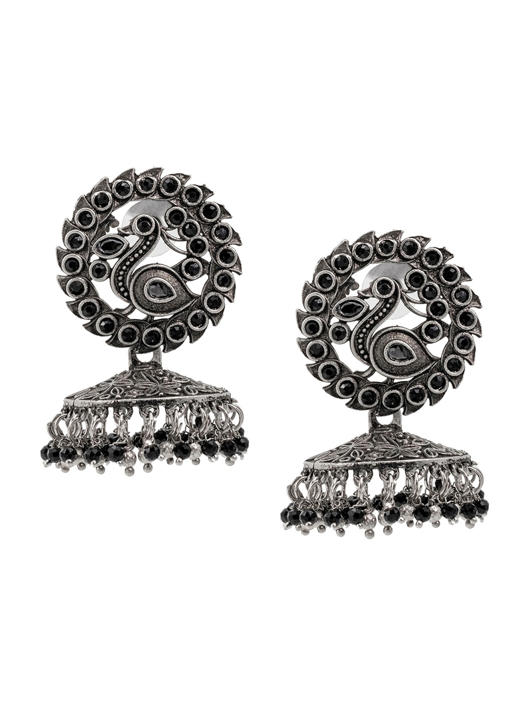 

Shining Jewel - By Shivansh Cubic Zirconia Oxidised Silver Plated Dome Shaped Jhumkas