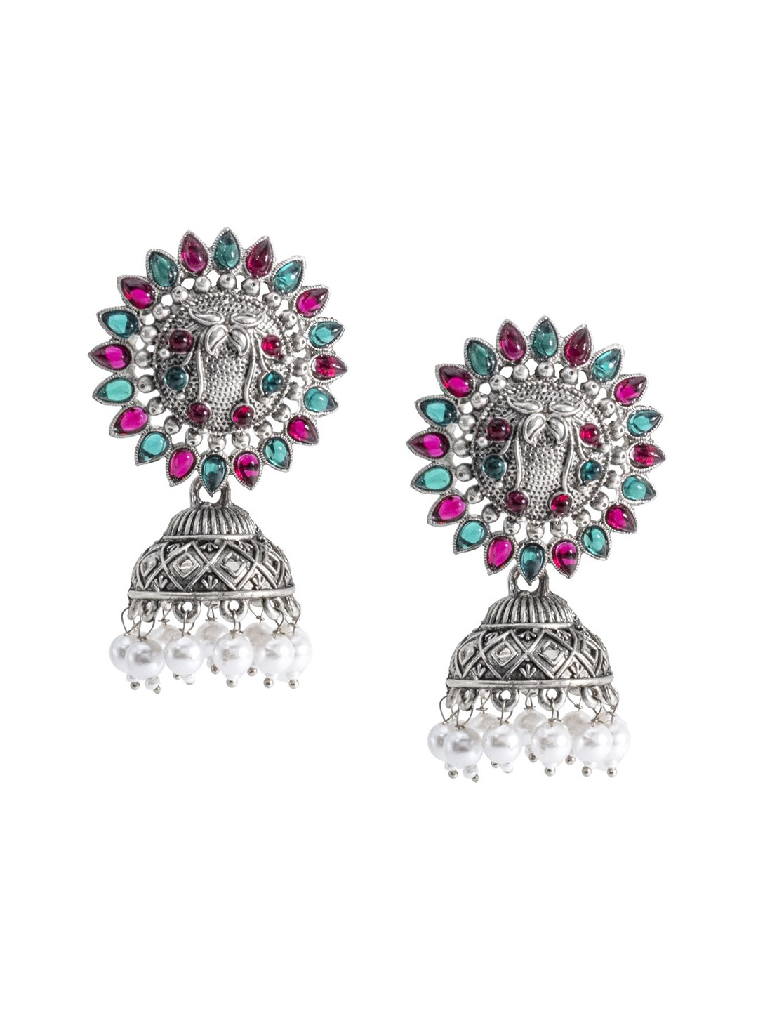 

Shining Jewel - By Shivansh Silver-Plated Cubic Zirconia Studded Dome Shaped Jhumkas
