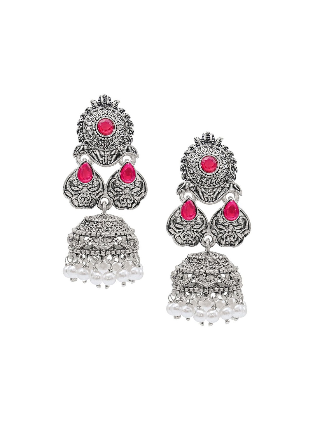 

Shining Jewel - By Shivansh Silver-Plated Cubic Zirconia-Studded & Beaded Jhumkas