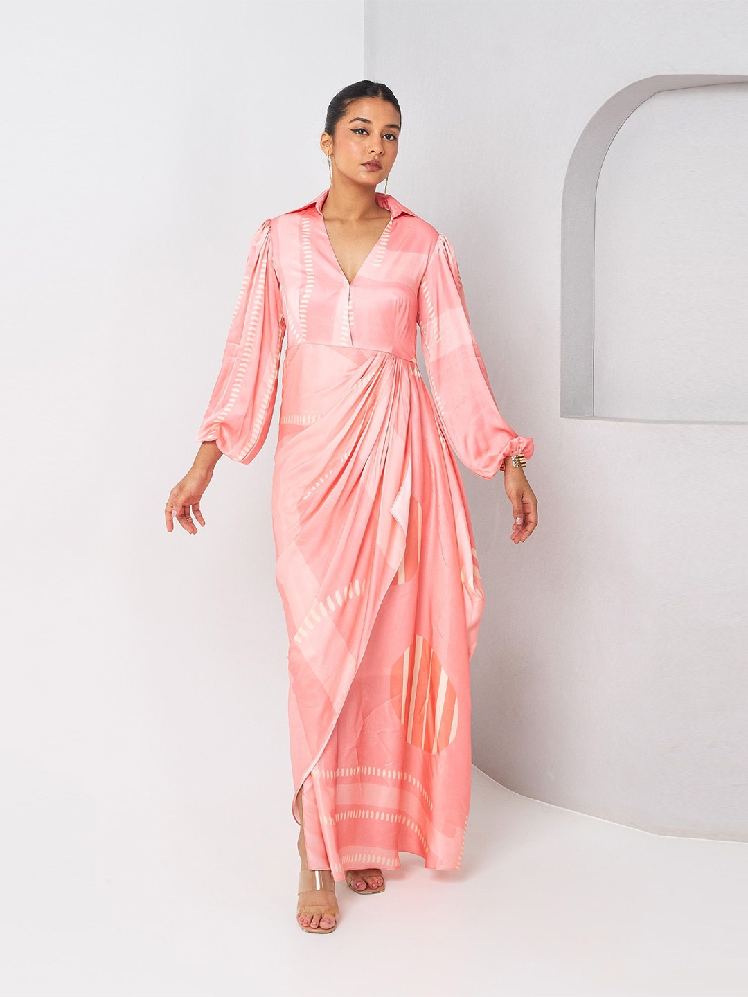 

Vedika M Bishop Sleeves Satin Maxi Dress, Pink