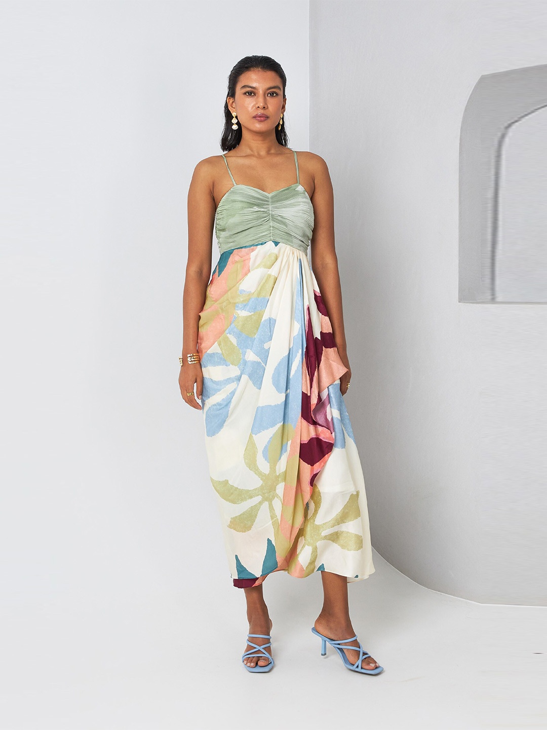 

Vedika M Sleeveless Printed Satin Fit & Flare Midi Dress, Multi