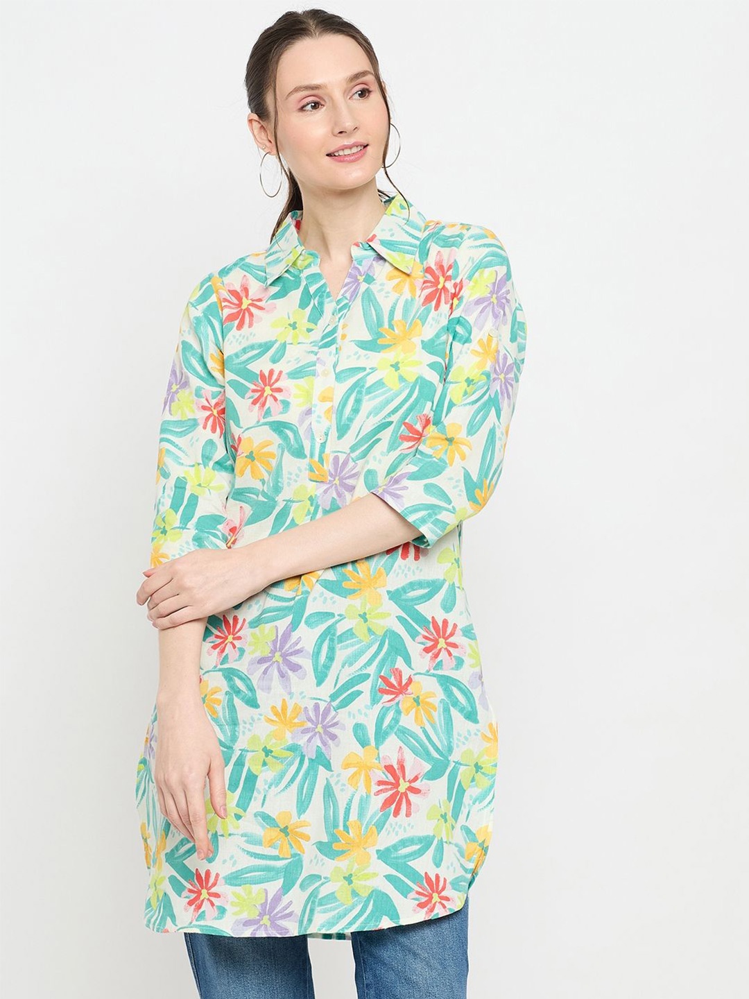 

Ruhaans Floral Printed Shirt Collar Tunic, White