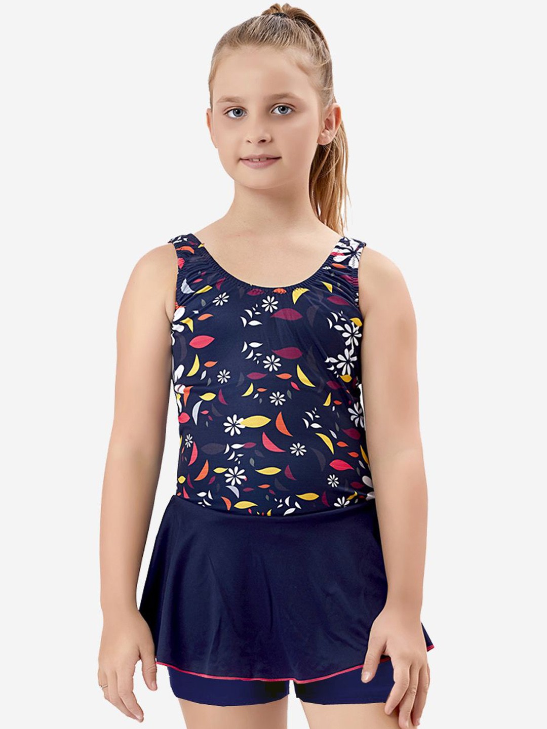 

VELOZ Girls Floral Printed Sleeveless V-Base Swimwear, Blue