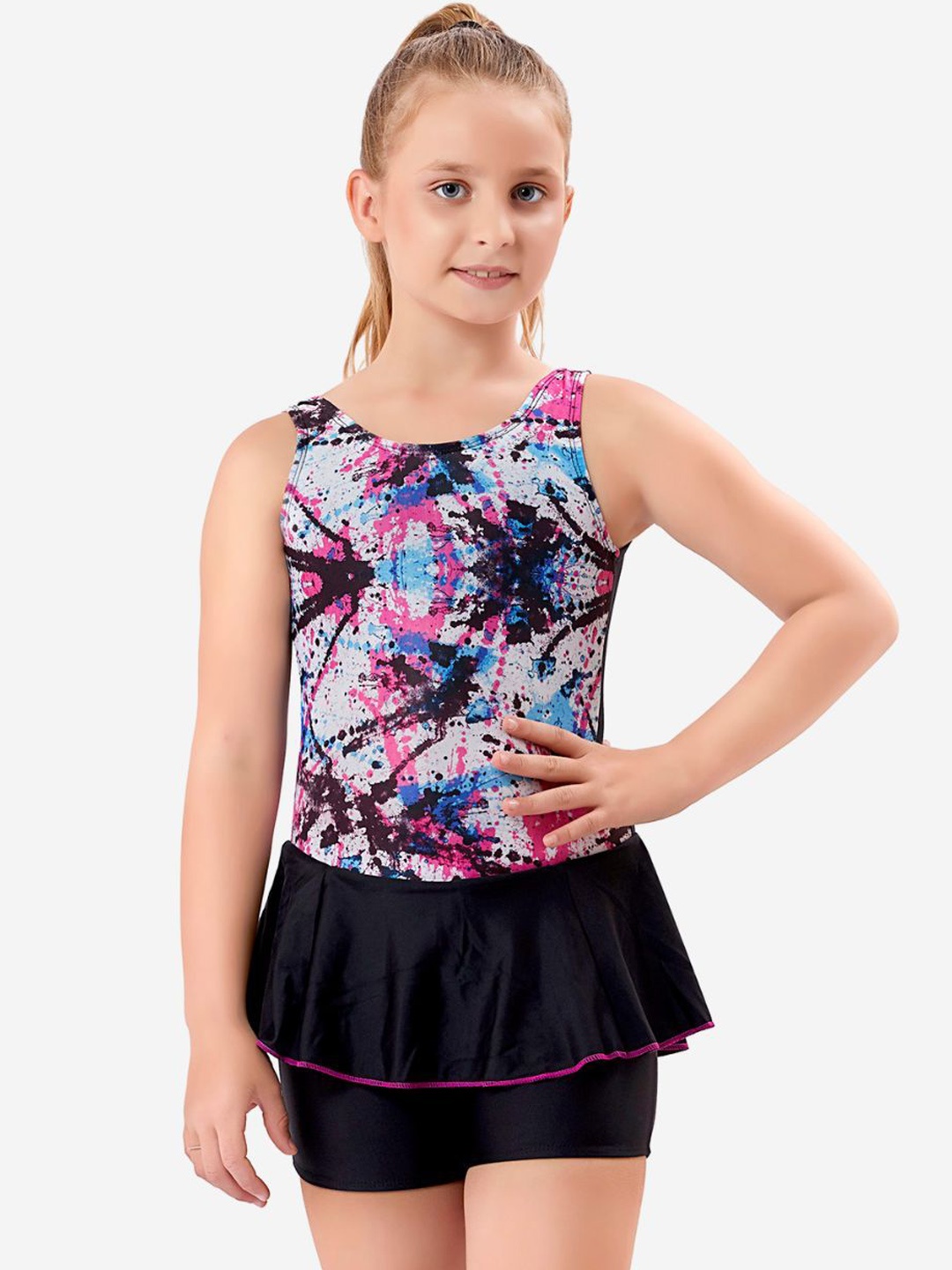 

VELOZ Girls Abstract Printed Medium Coverage Swimwear, Pink