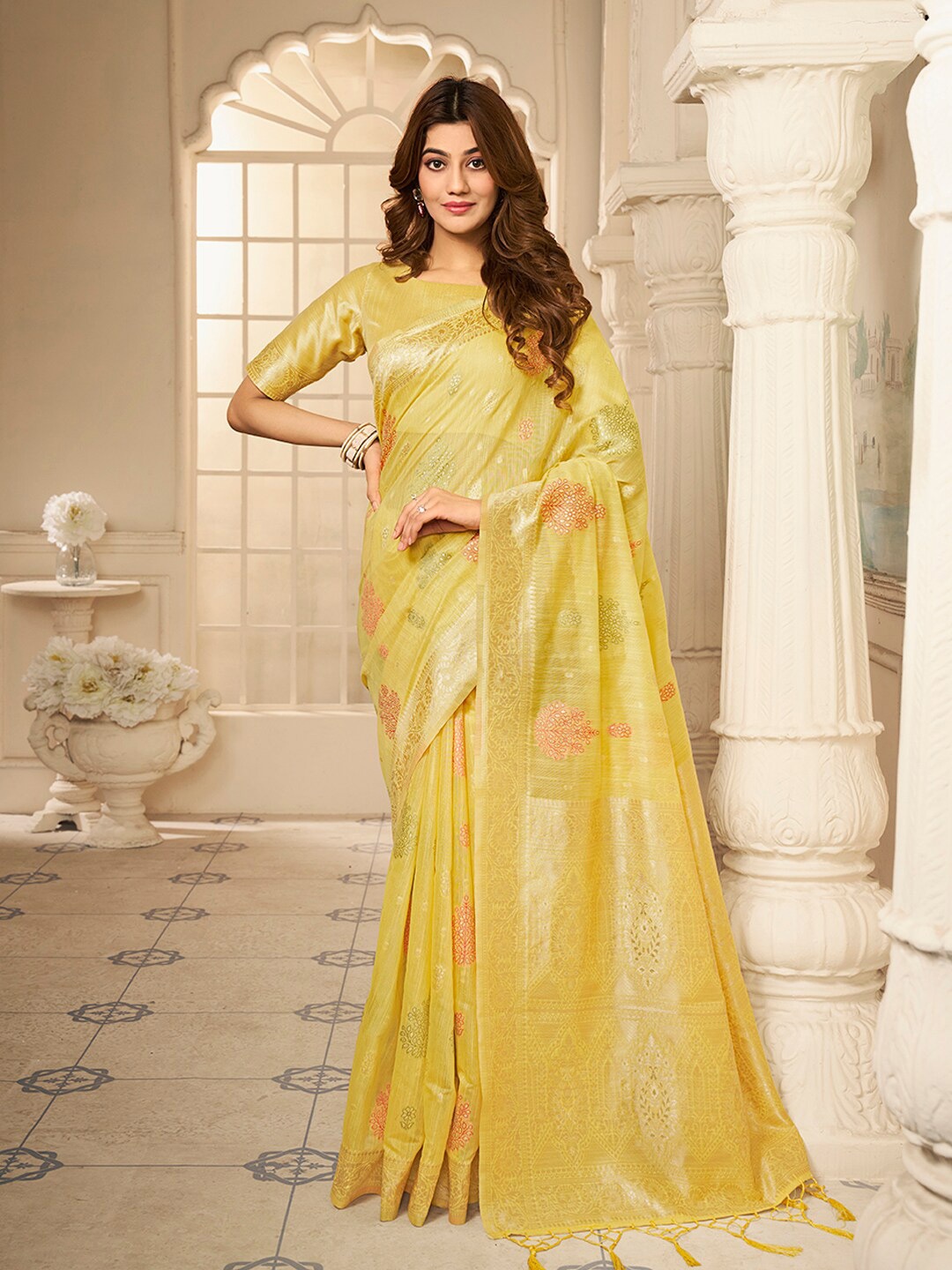 

Inddus Woven Design Zari Saree, Yellow