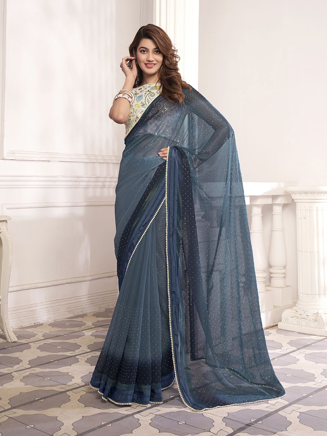 

Inddus Polka Dot Beads and Stones Saree, Blue
