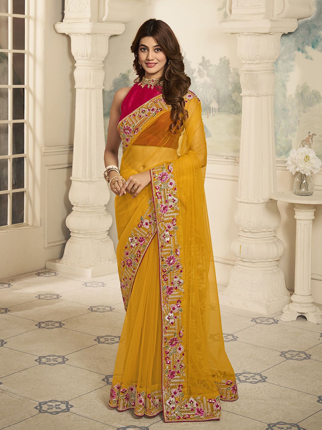 

Inddus Embroidered Net Saree, Mustard