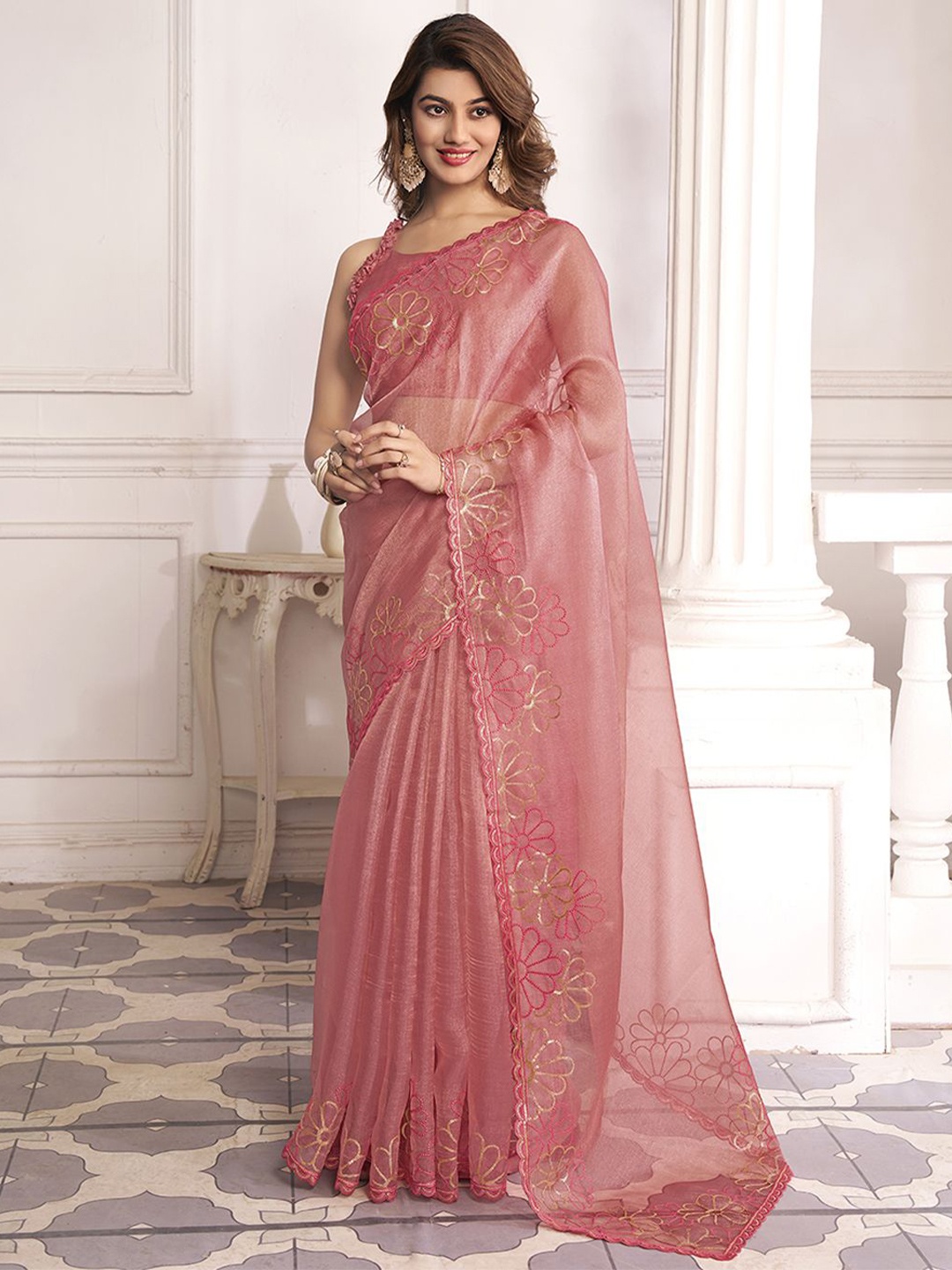 

Inddus Embellished Sequinned Organza Saree, Pink