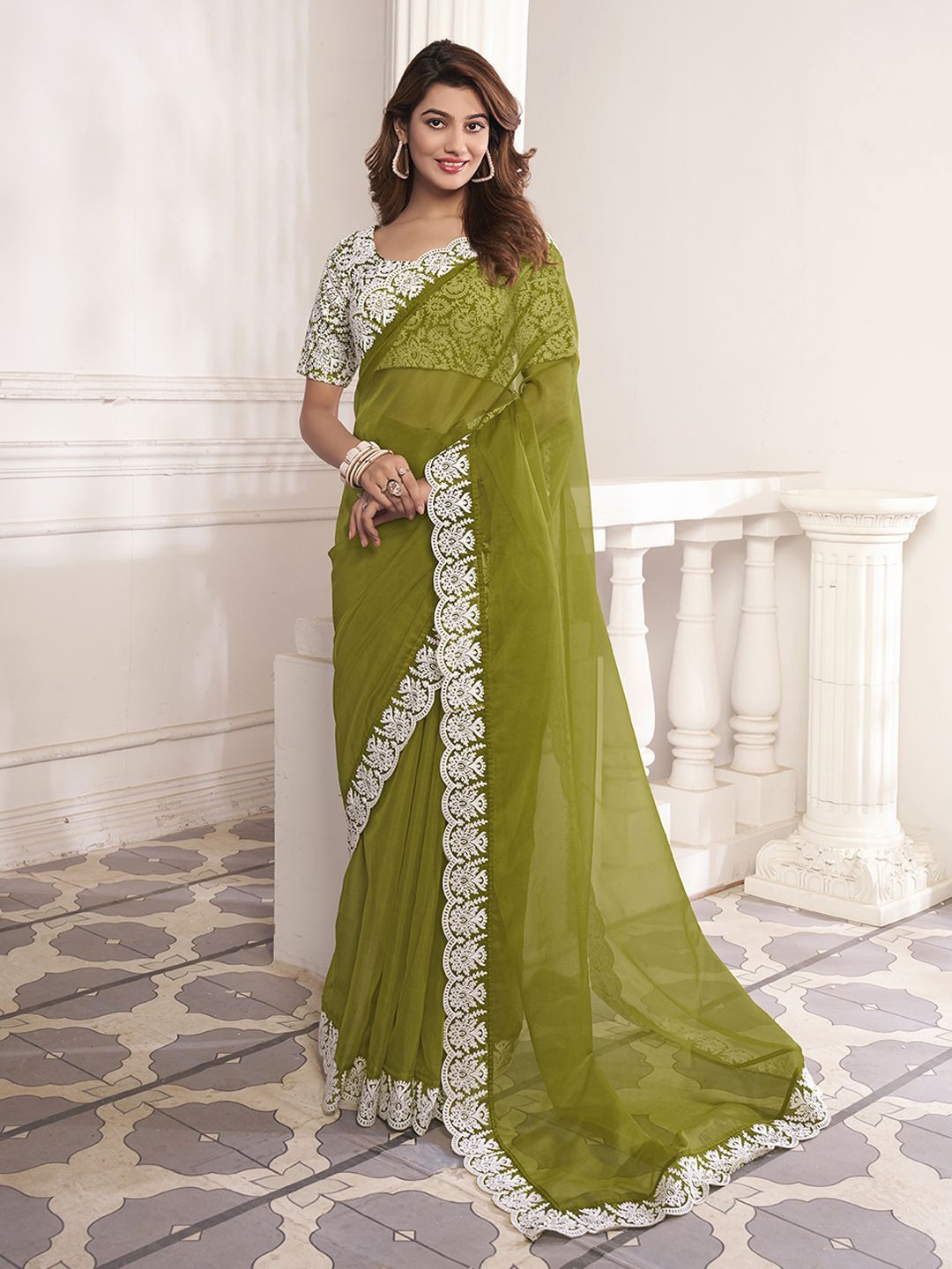 

Inddus Embroidered Organza Saree, Green