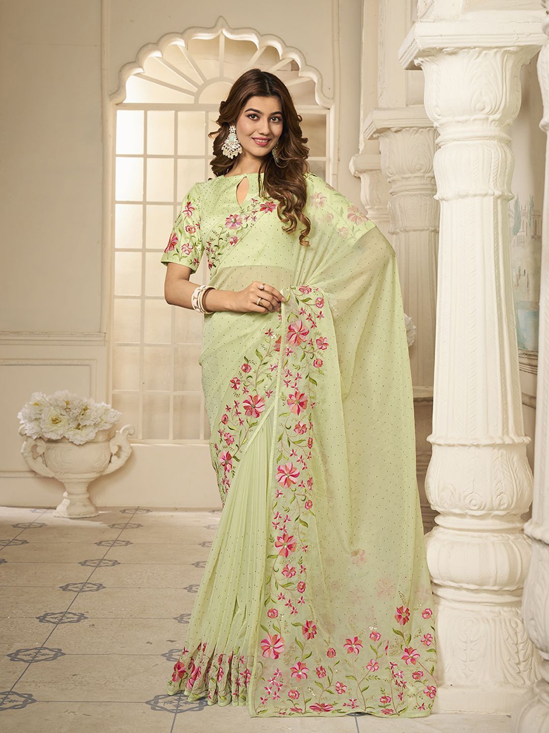 

Inddus Floral Printed Sequinned Heavy Work Organza Saree, Green