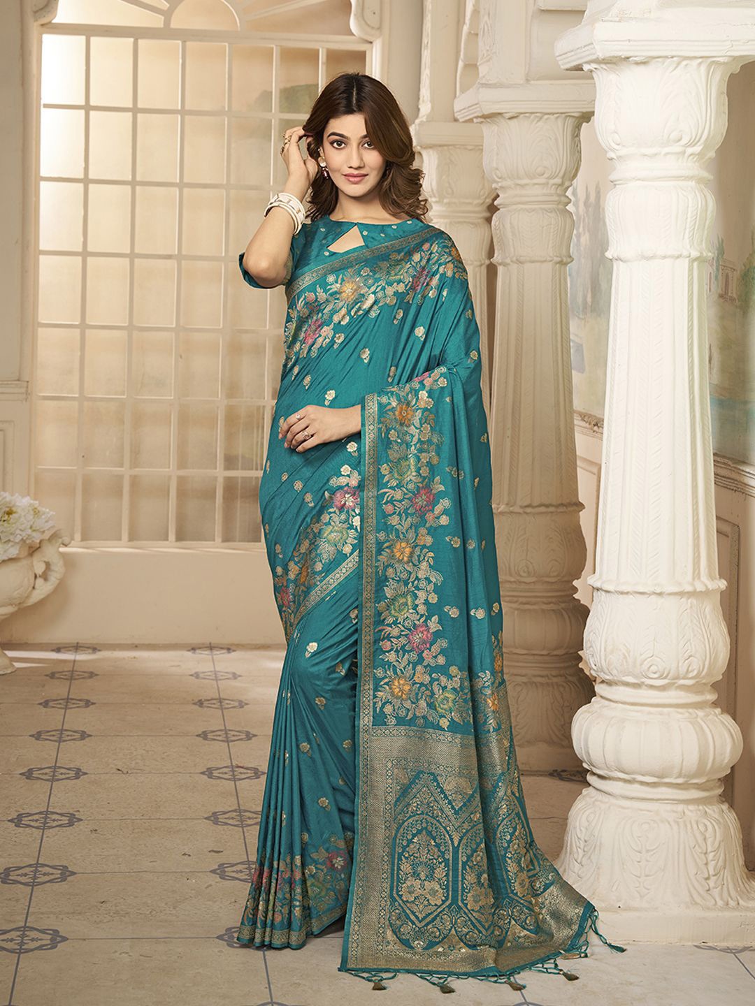 

Inddus Woven Design Zari Saree, Turquoise blue
