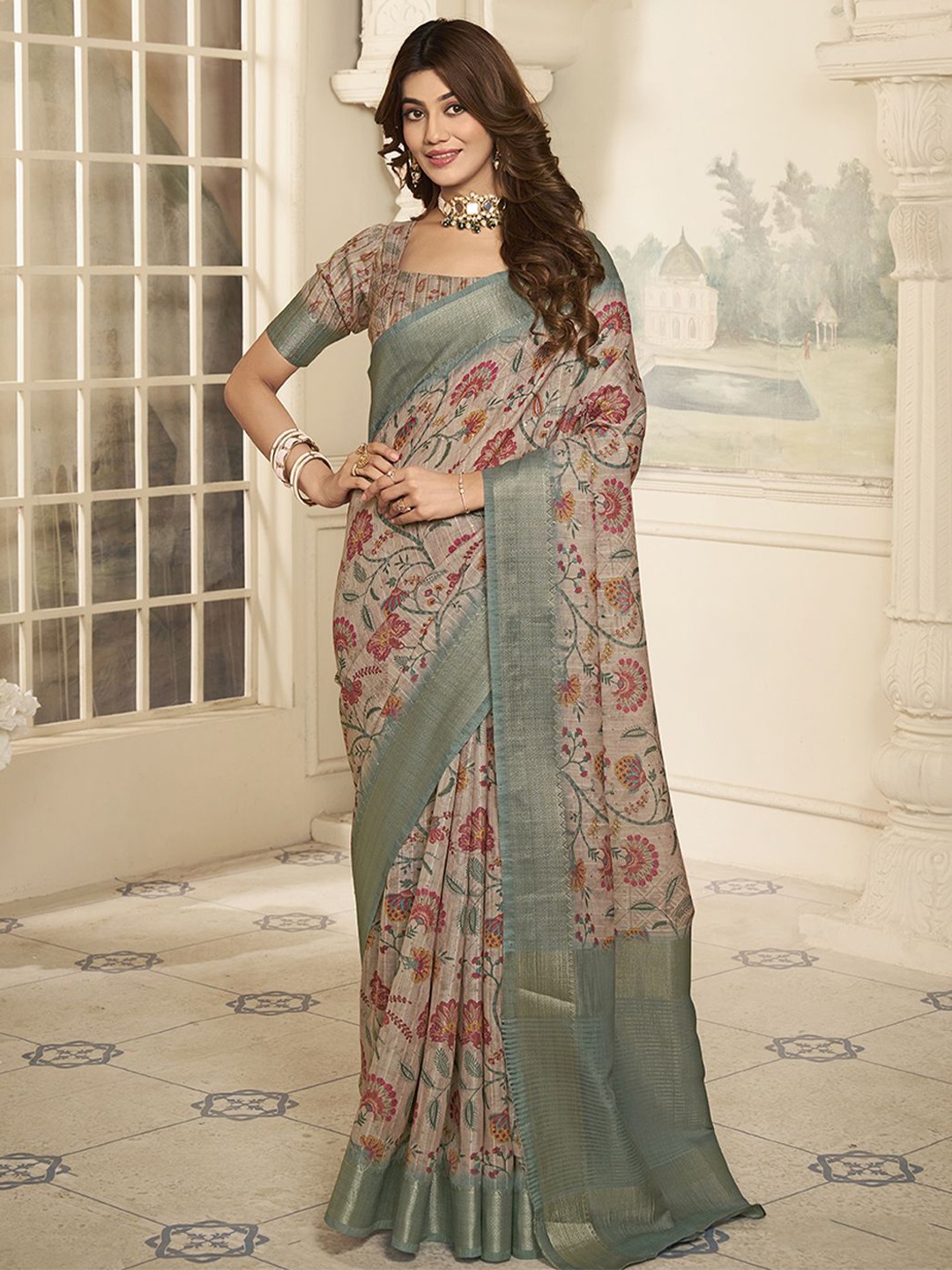 

Inddus Ethnic Motifs Sequinned Saree, Beige