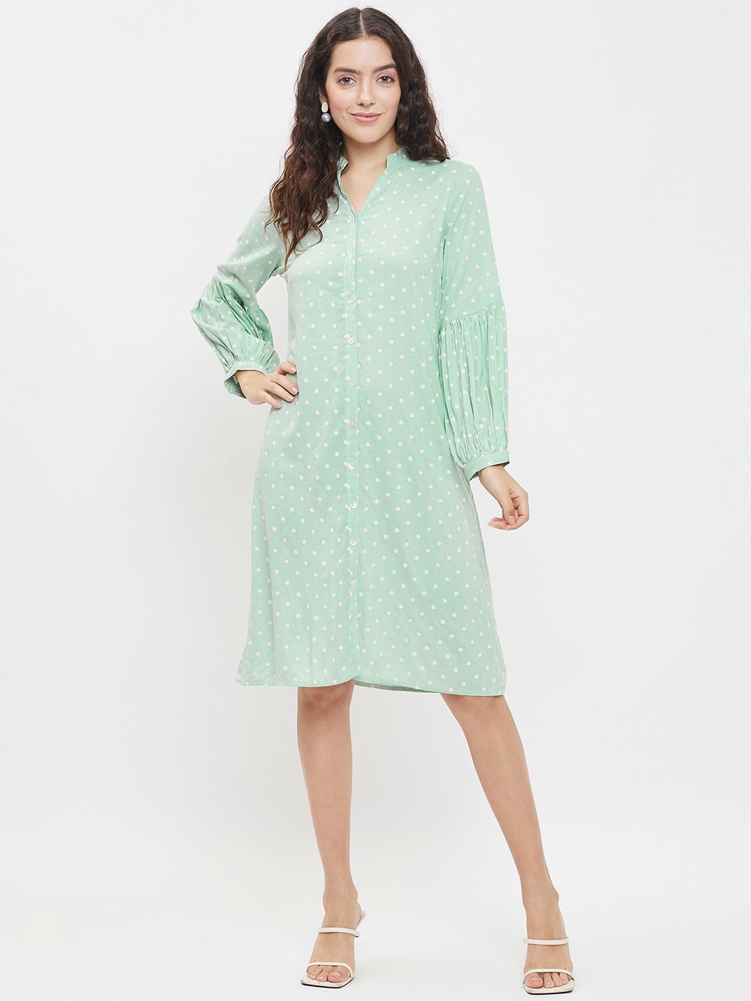 

Ruhaans Print Puff Sleeve Shirt Dress, Green