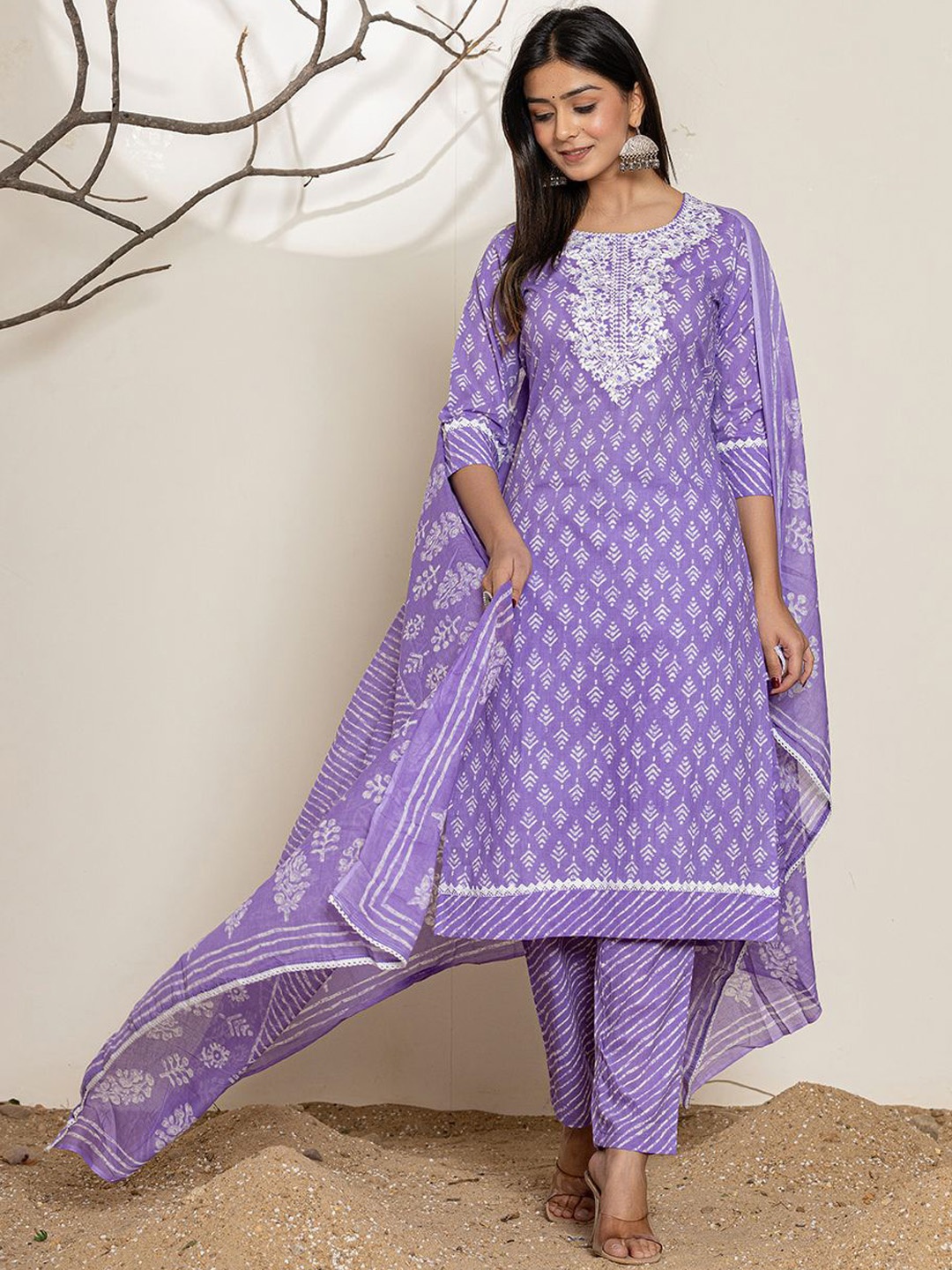 

Yufta Ethnic Motifs Printed Thread Work Pure Cotton Straight Kurta With Trousers & Dupatta, Lavender