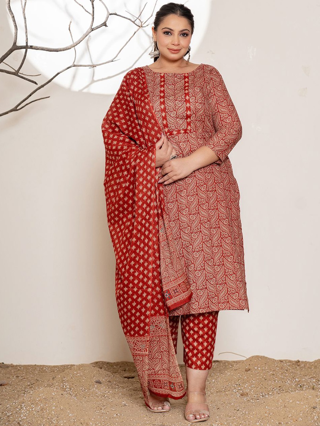 

Yufta Ethnic Motifs Beads And Stones Pure Cotton Straight Kurta With Trousers & Dupatta, Maroon