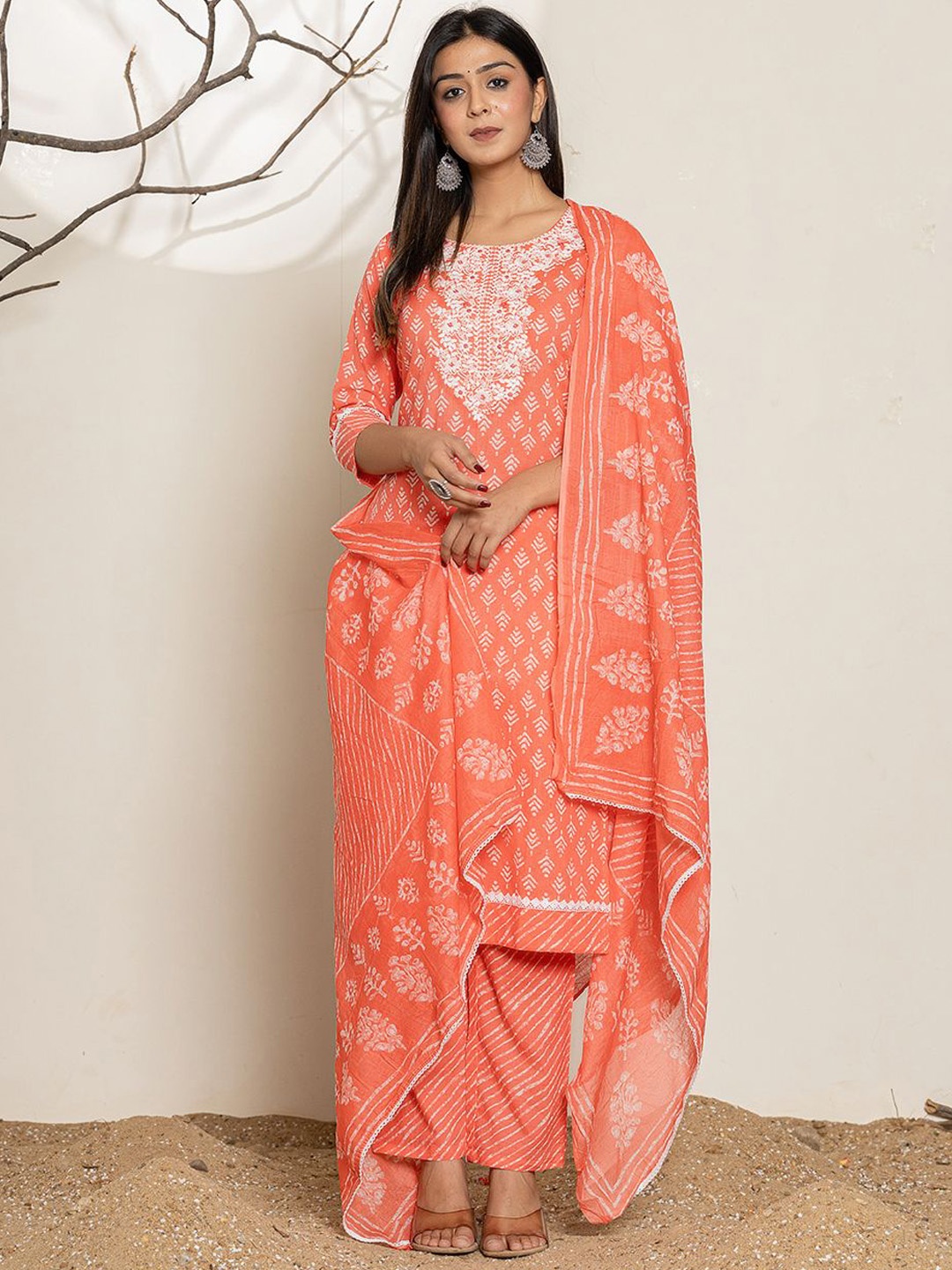 

Yufta Ethnic Motifs Printed Thread Work Pure Cotton Straight Kurta With Trousers & Dupatta, Peach