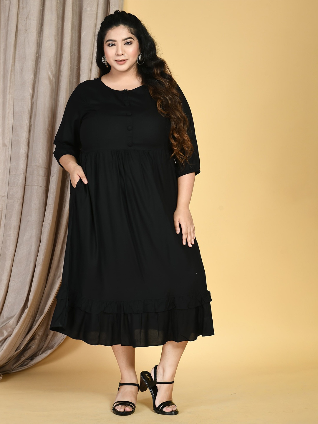 

DesiNoor.com Women Plus Size A-Line Midi Dress, Black