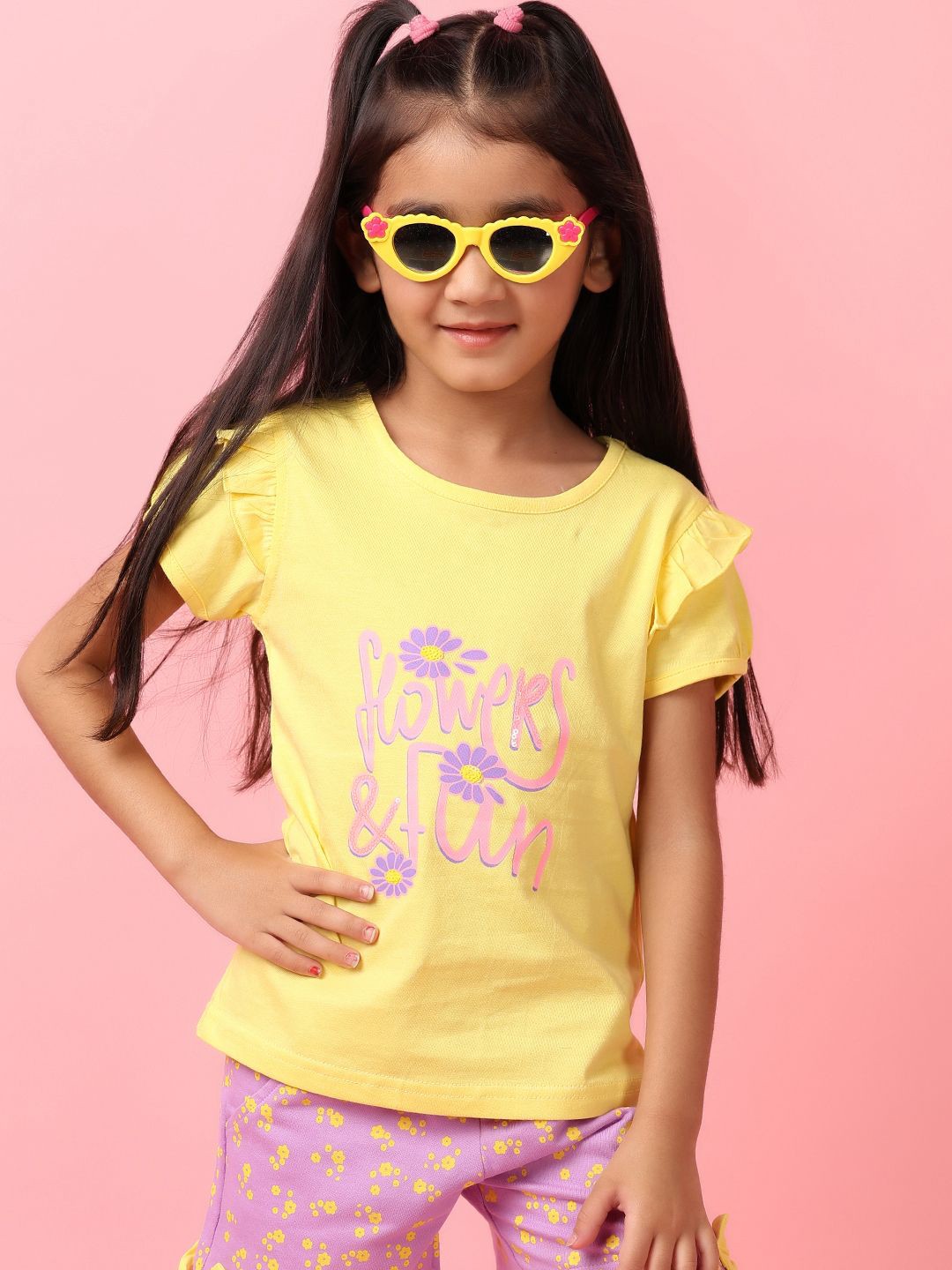 

V-Mart Girls Printed Pure Cotton T-shirt with Shorts, Yellow