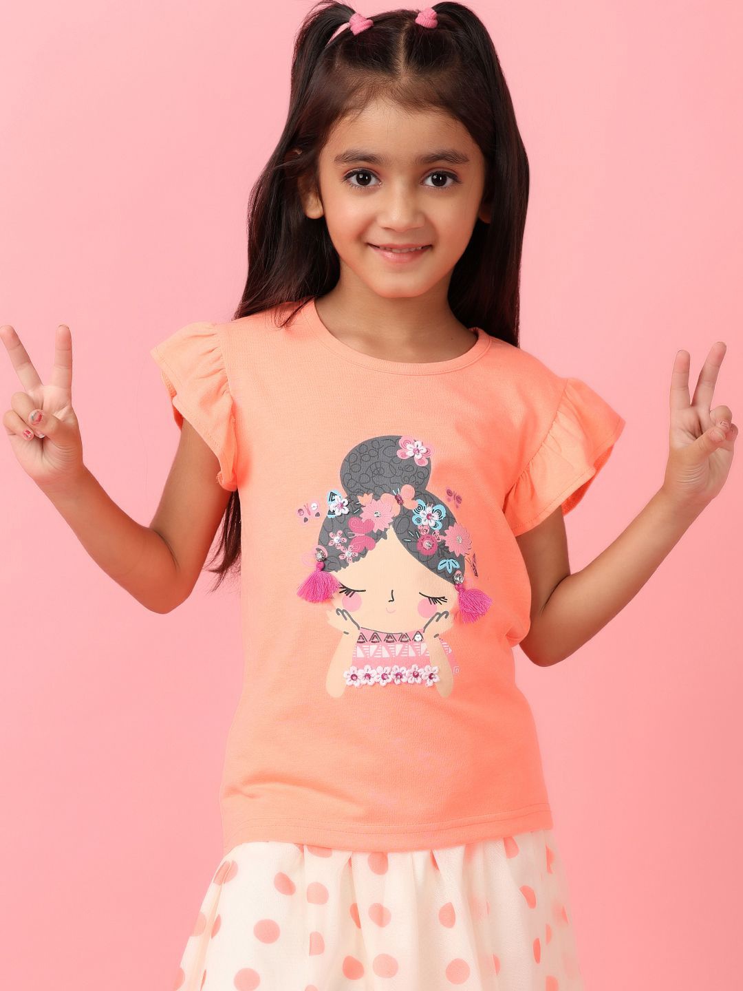 

V-Mart Girls Printed Pure Cotton T-shirt with Skirt, Orange