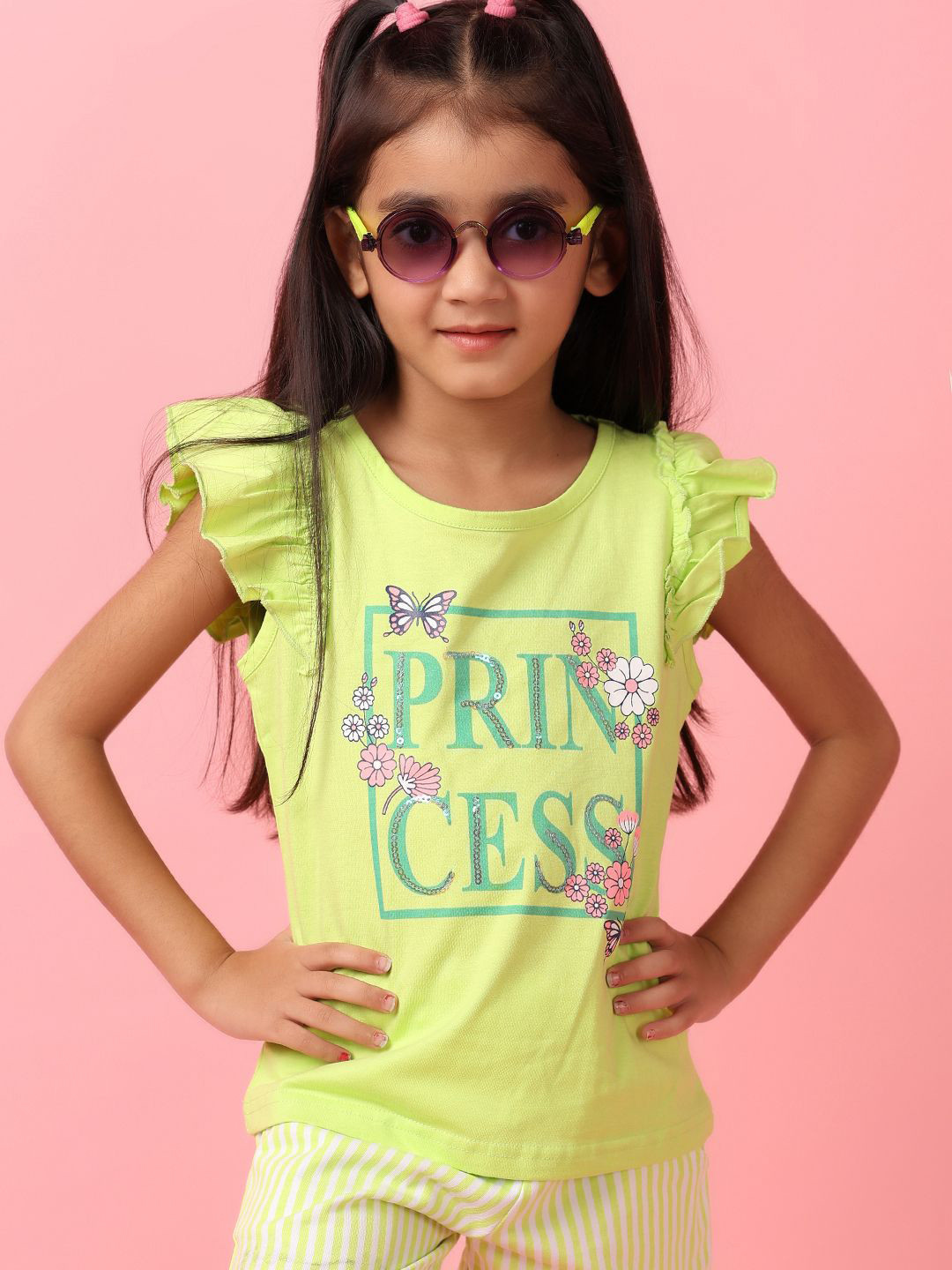 

V-Mart Girls Printed Pure Cotton T-shirt with Shorts, Green