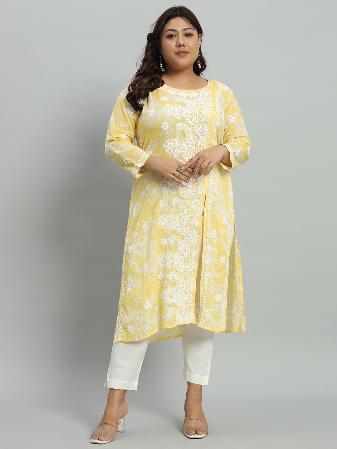 

Indiankala4u Floral Embroidered Chikankari Cotton Straigth Kurta, Yellow