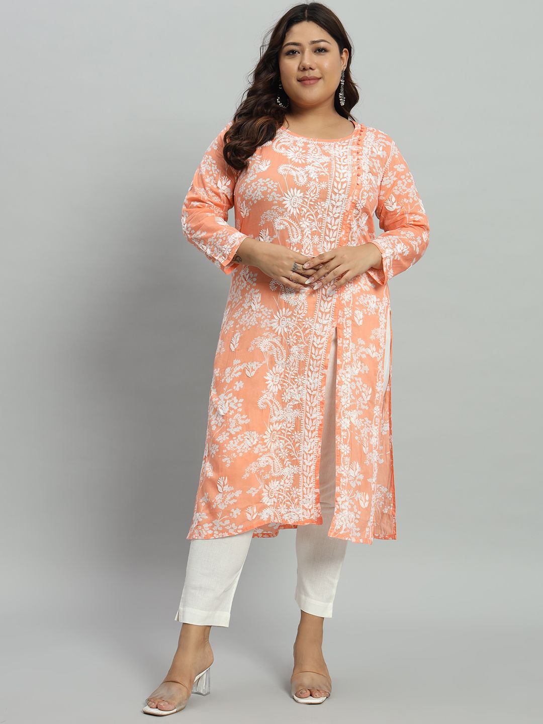 

Indiankala4u Floral Embroidered Chikankari Cotton Straigth Kurta, Coral