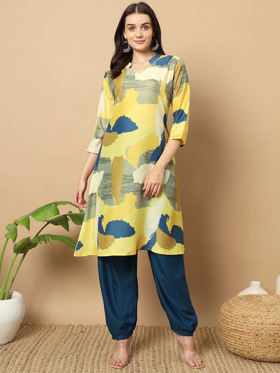 

BAESD Abstract Printed Mandarin Collar Straight Kurta with Salwar, Teal