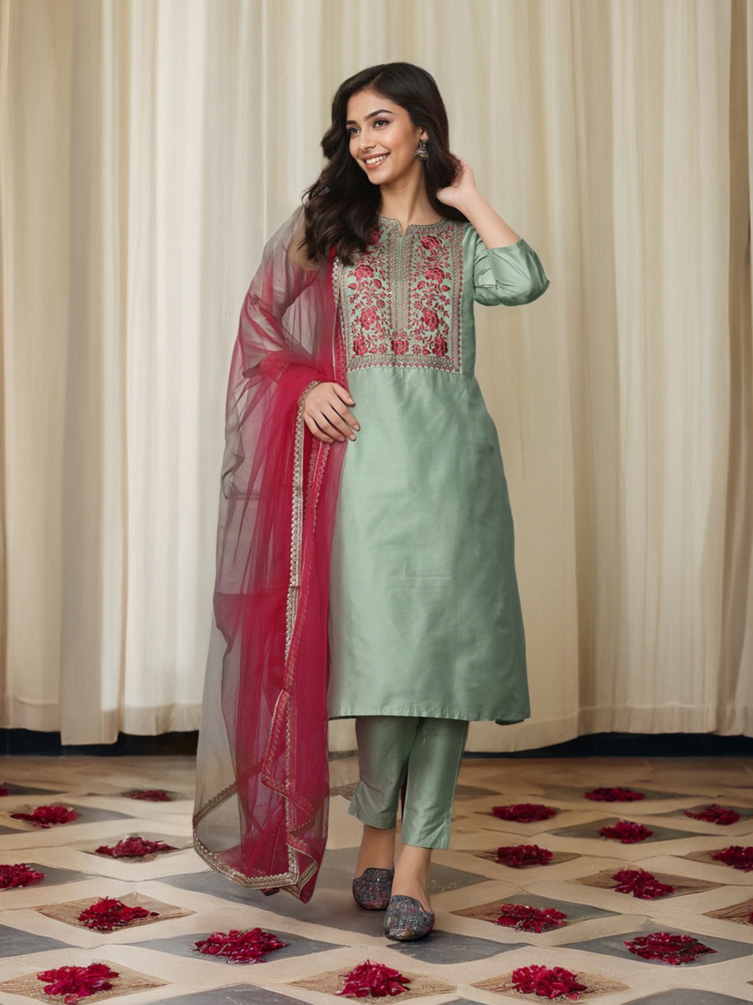 

Ishin Green Floral Yoke Design Thread Work Kurta With Trousers & Dupatta
