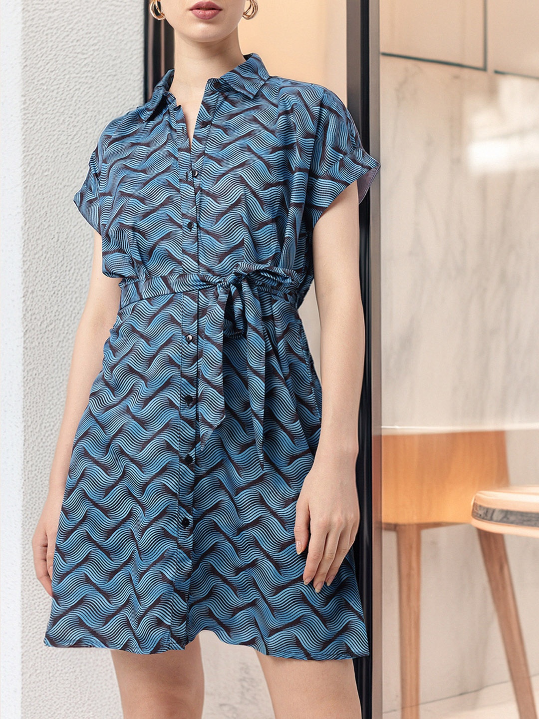 

Kawaii Feminine Whimsical Waves Shirt Style Dress, Blue