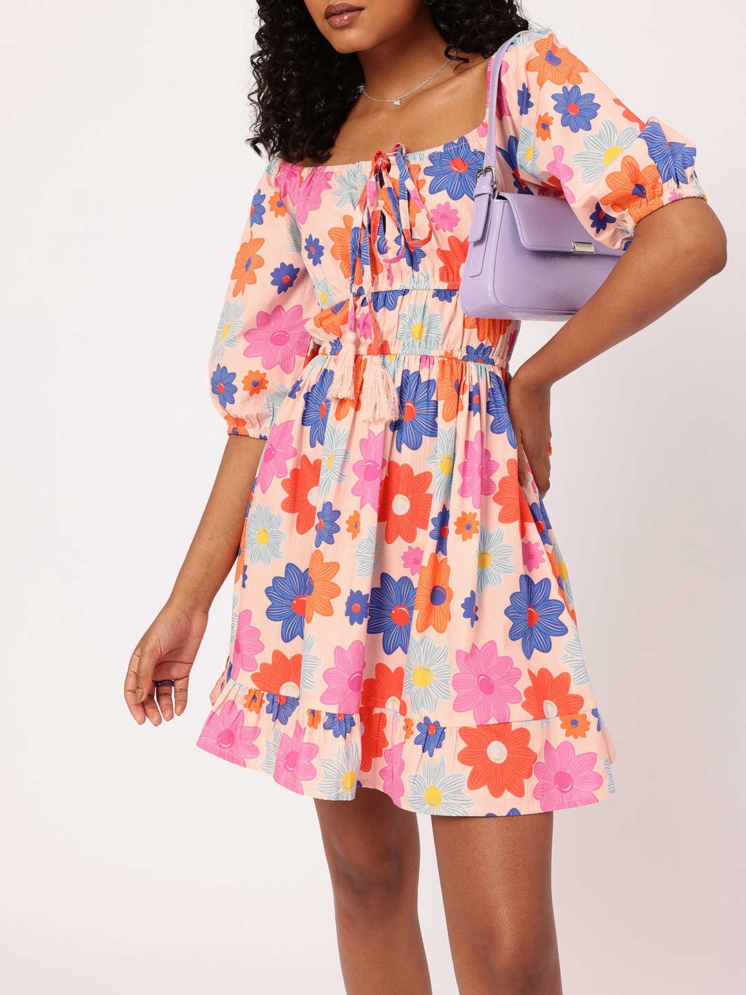 

DressBerry Vibrant Play Floral Printed Cinched Waist A-line Mini Dress, Multi