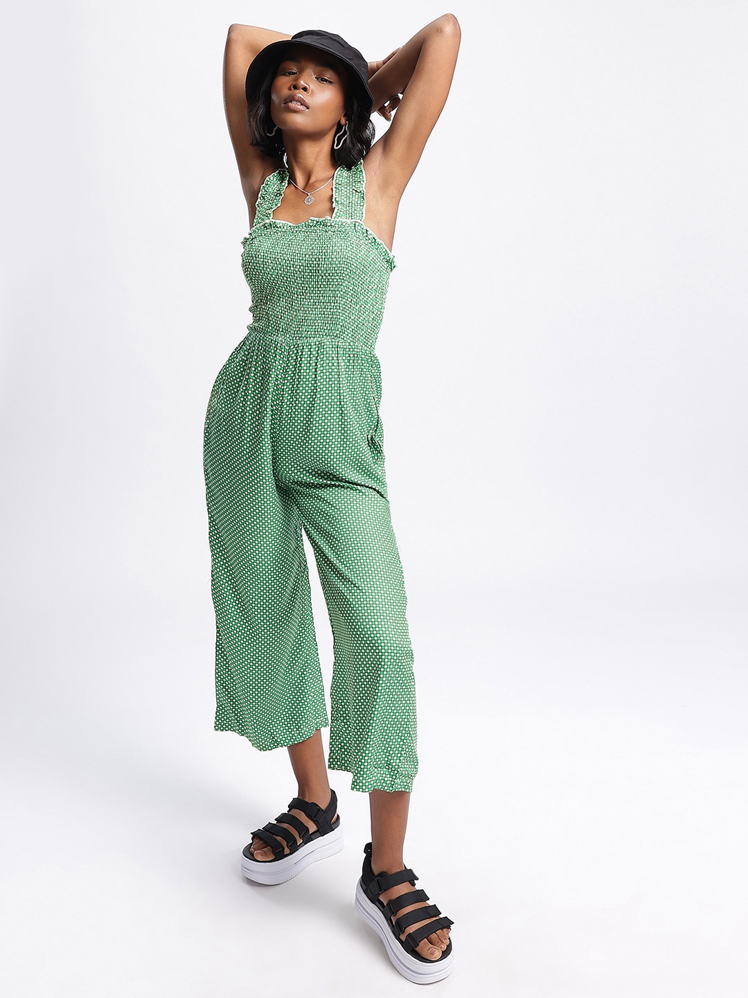 

DressBerry Endless Summer Checked Ruffled Basic Jumpsuit, Green