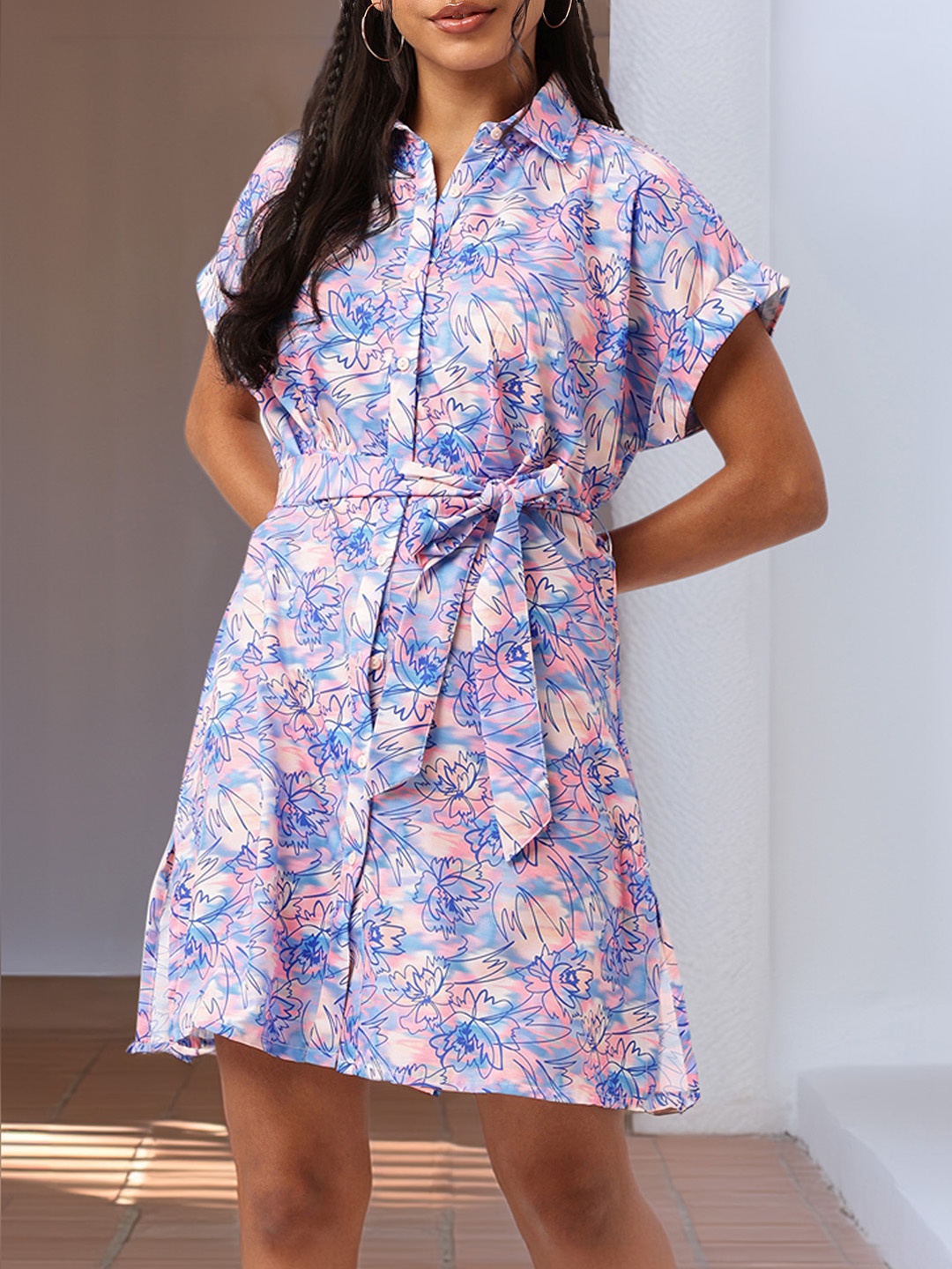 

DressBerry Holiday Girly Charm Floral Printed Shirt Style Dress, Blue