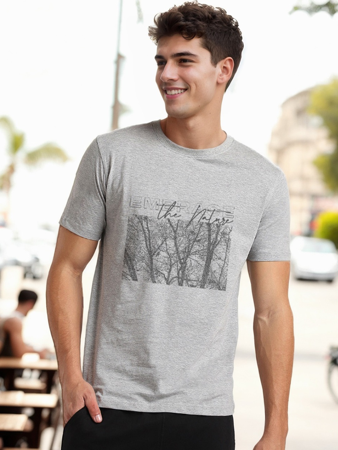 

NOBERO Men Graphic Printed Pure Cotton T-shirt, Grey