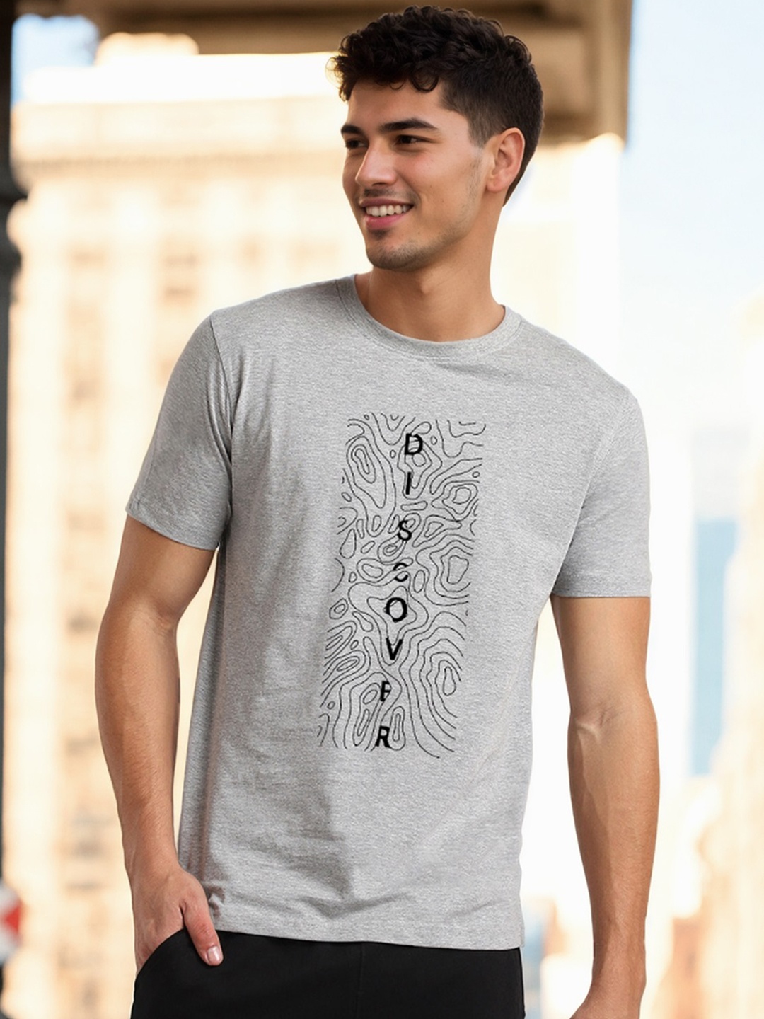 

NOBERO Men Graphic Printed Pure Cotton T-shirt, Grey