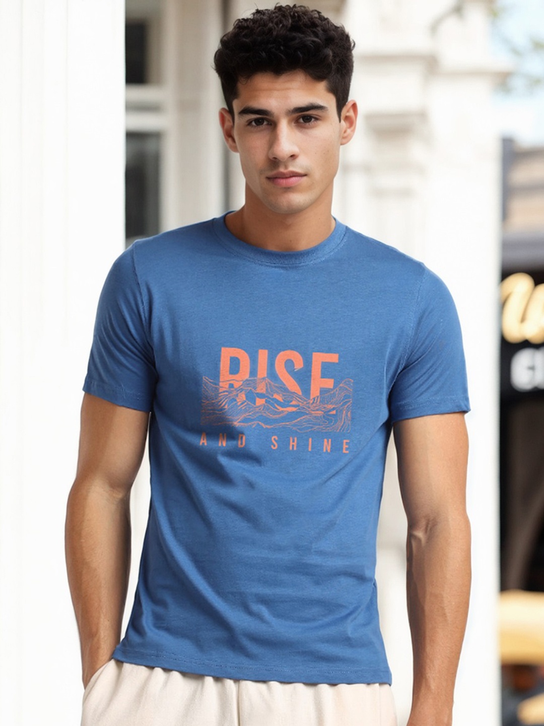 NOBERO Men Typography Printed Pure Cotton T-shirt, Blue