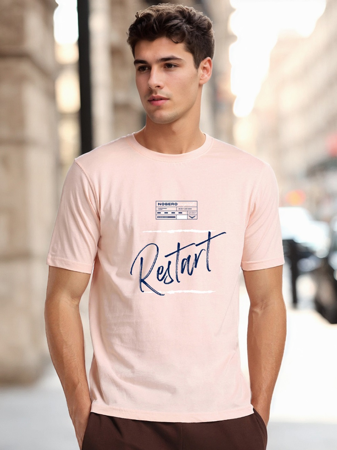 

NOBERO Men Typography Printed Pure Cotton T-shirt, Pink