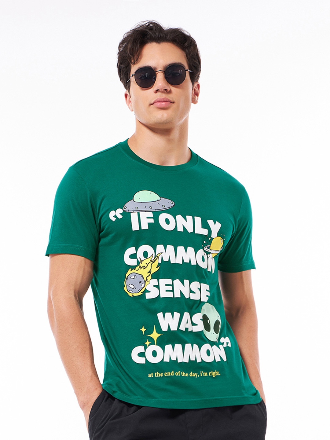 

Bewakoof Men Typography Printed Round Neck Pure Cotton T-shirt, Green