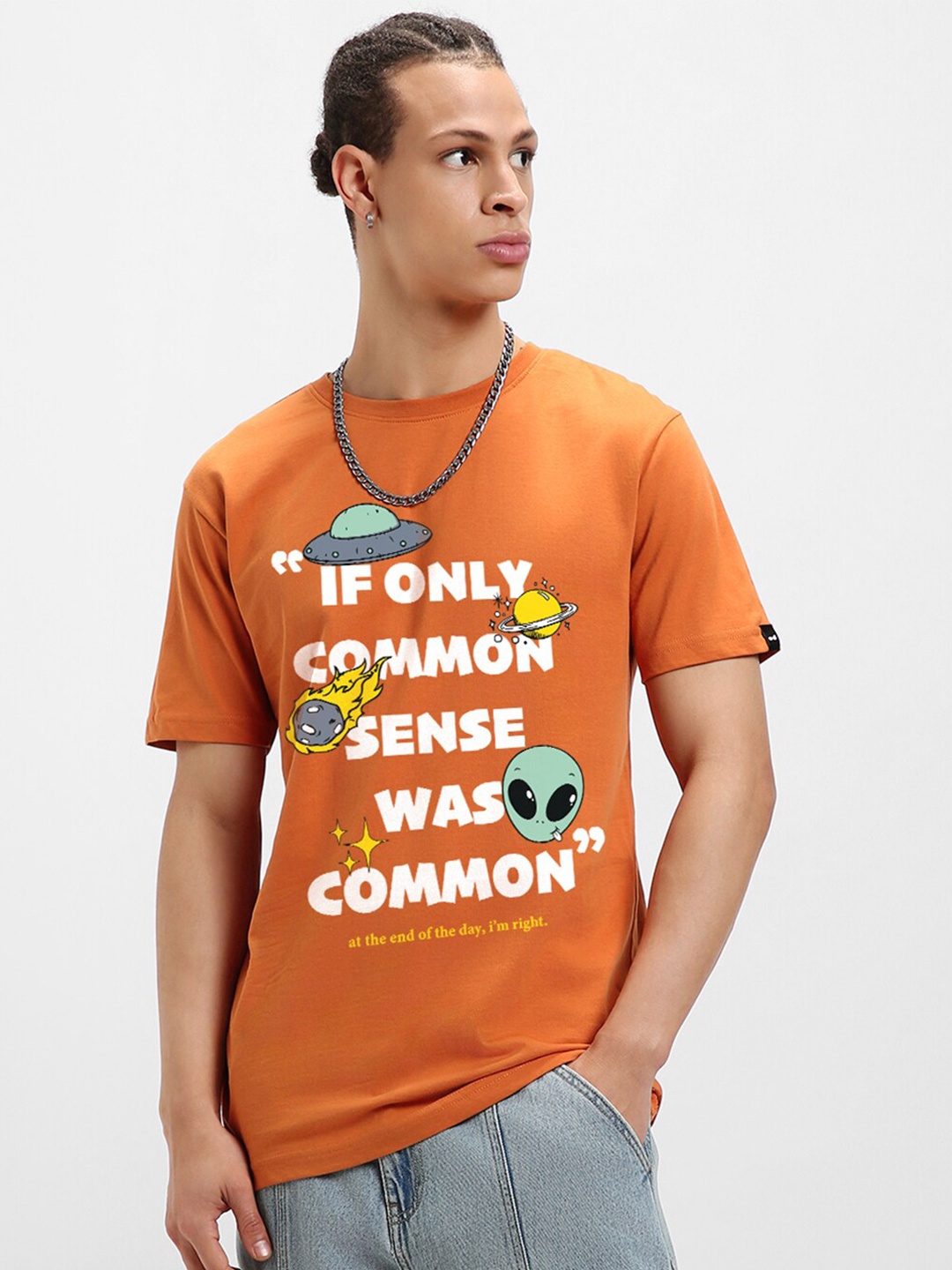 Bewakoof Men Typography Printed Round Neck Pure Cotton T-shirt, Orange