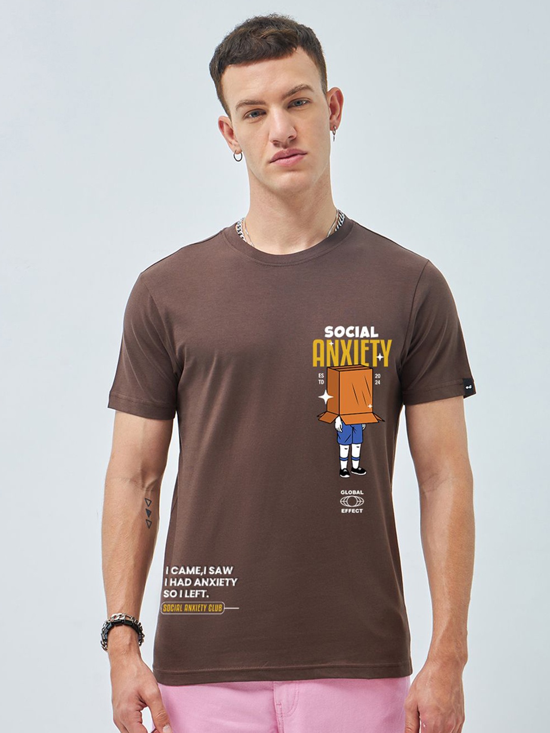 

Bewakoof Men Typography Printed Round Neck Pure Cotton T-shirt, Brown