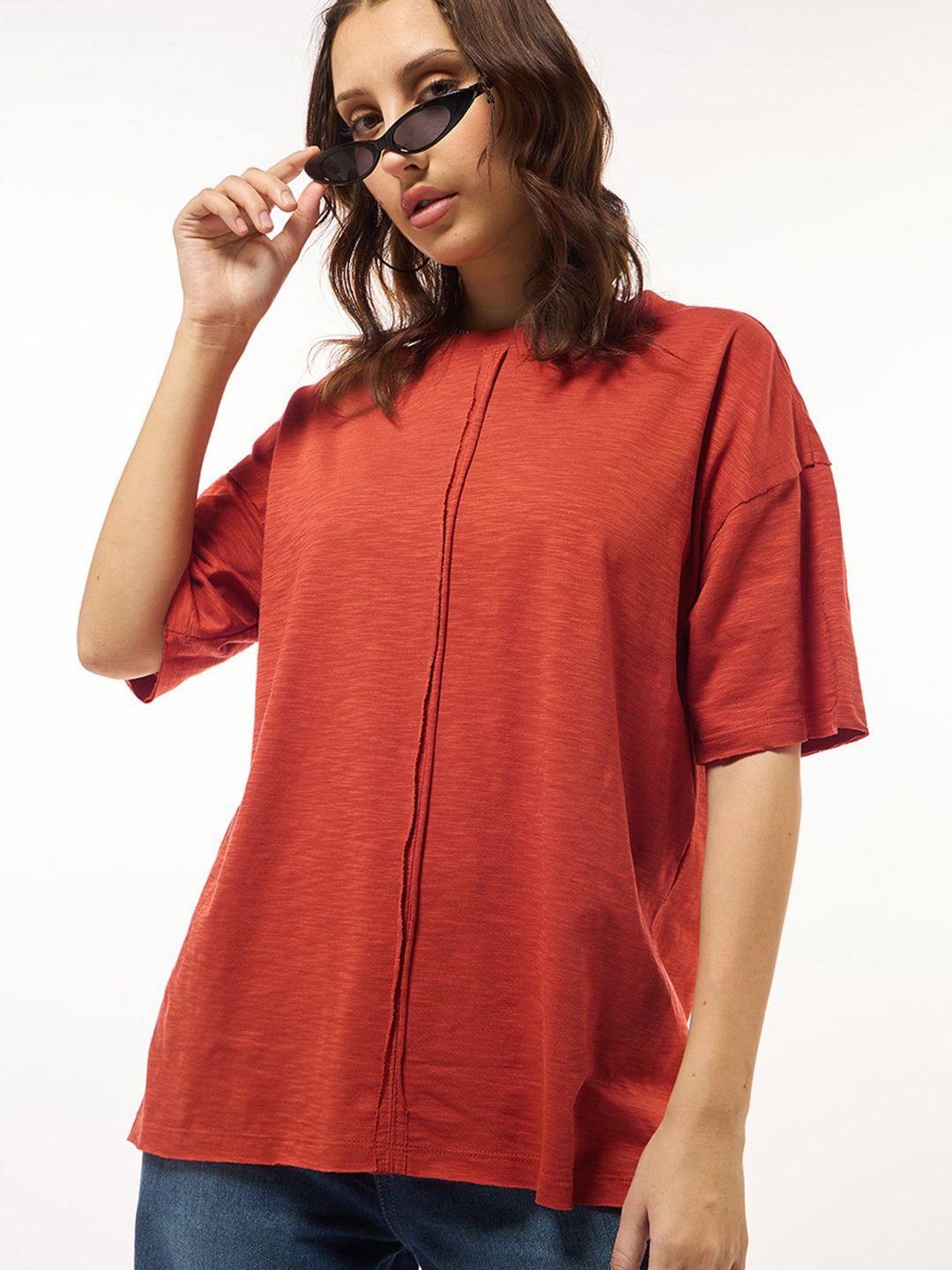 

Bewakoof Women Solid Round Neck Pure Cotton Oversized T-shirt, Orange