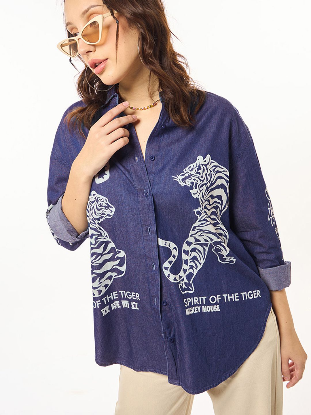 

Bewakoof Women Graphic Printed Spread Collar Casual Oversized Shirt, Blue