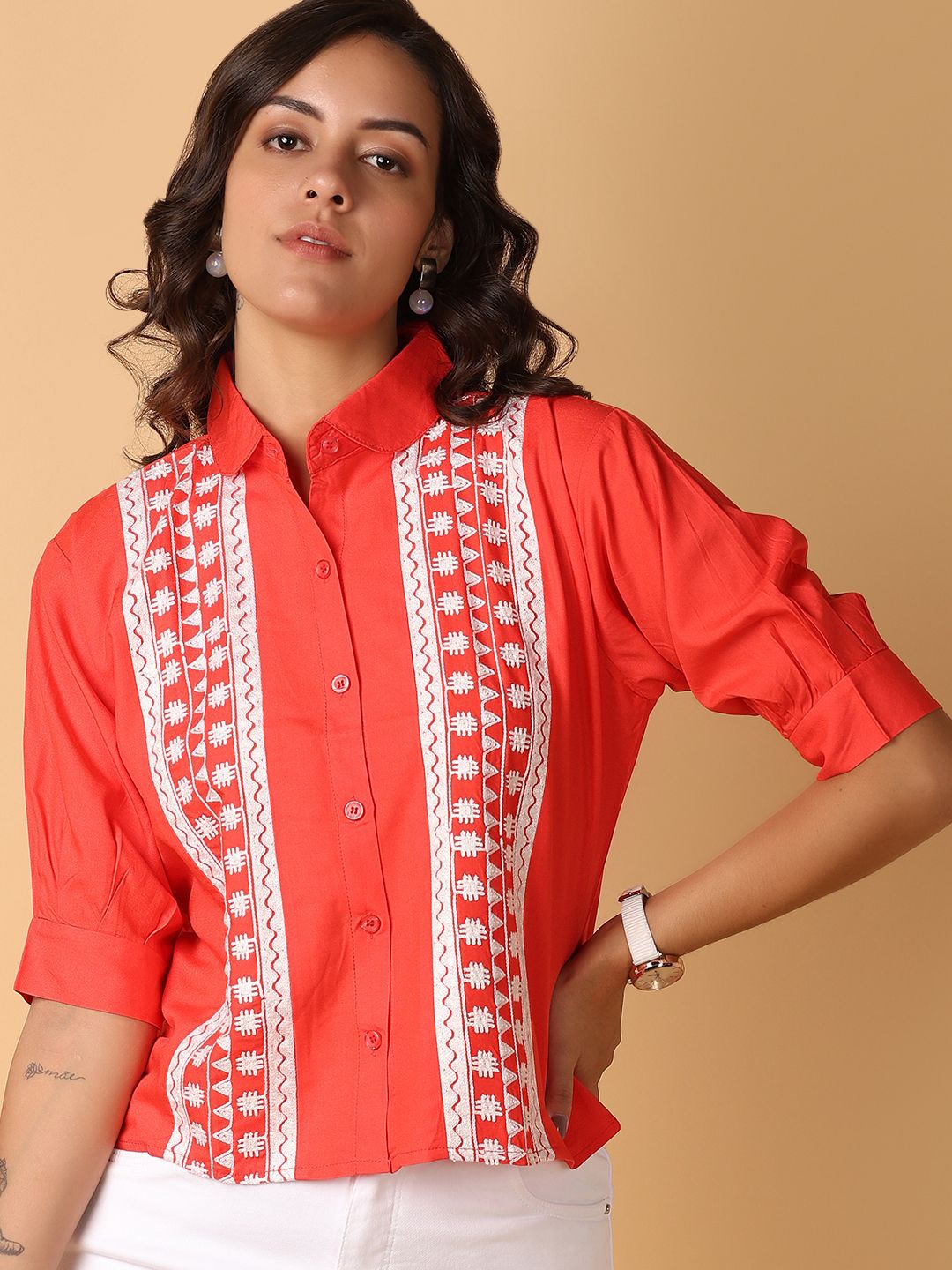 

V-Mart Ethnic Embroidered Cotton Shirt Style Top, Red