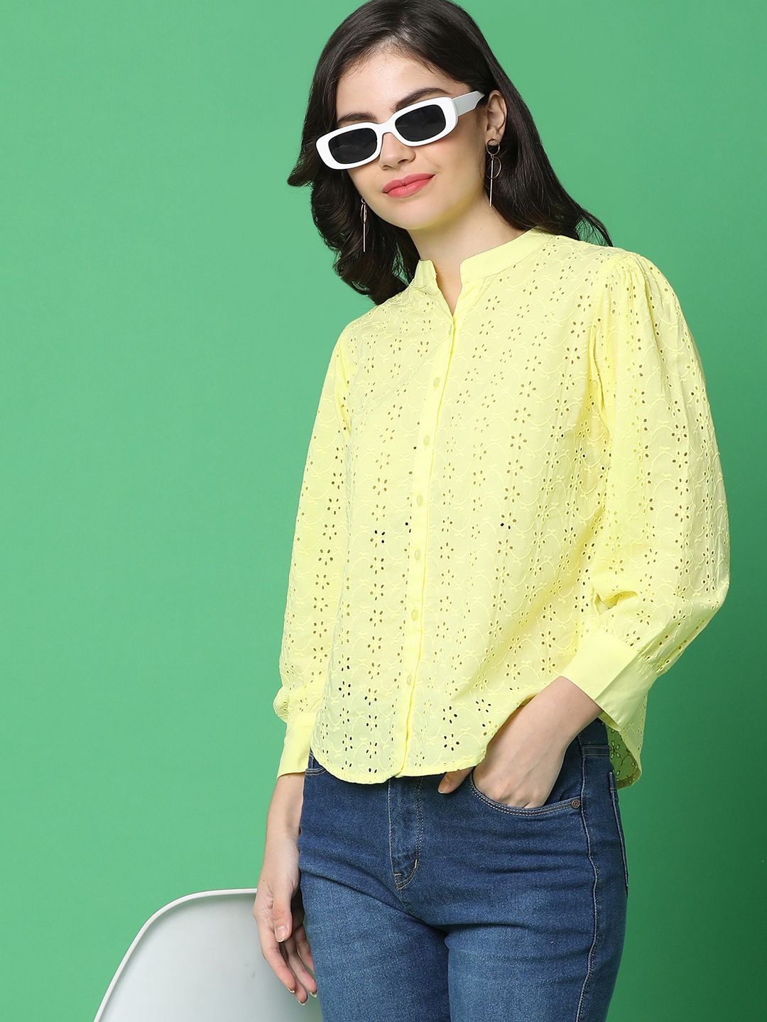 

V-Mart Embroidered Solid Schiffli Mandarin Collar Cotton Shirt Style Top, Yellow