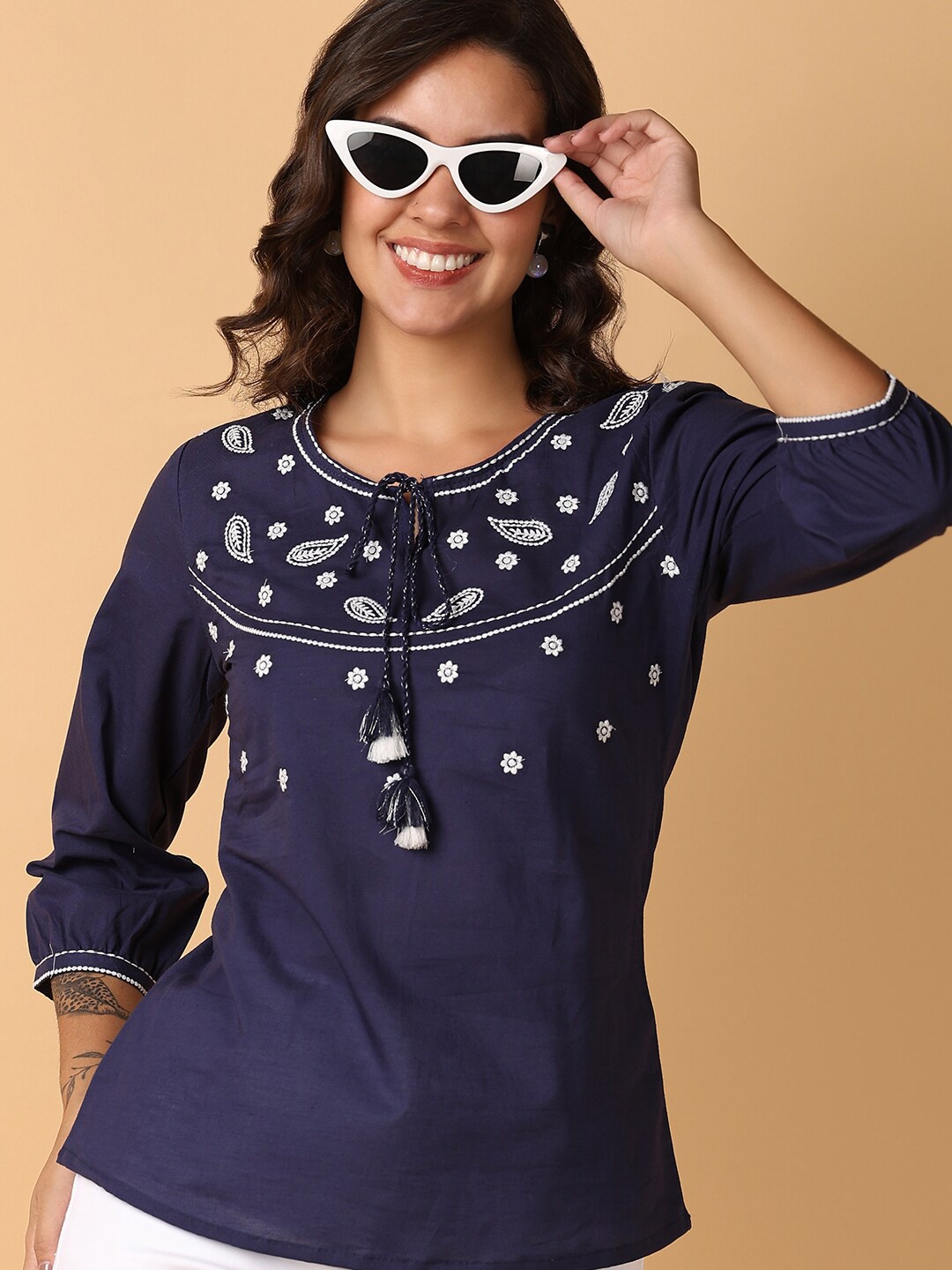 

V-Mart Ethnic Embroidered Tie-Up Neck Cotton Top, Blue