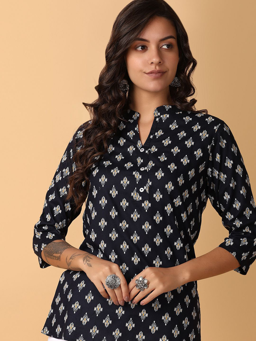 

V-Mart Ethnic Printed Mandarin Collar Top, Blue