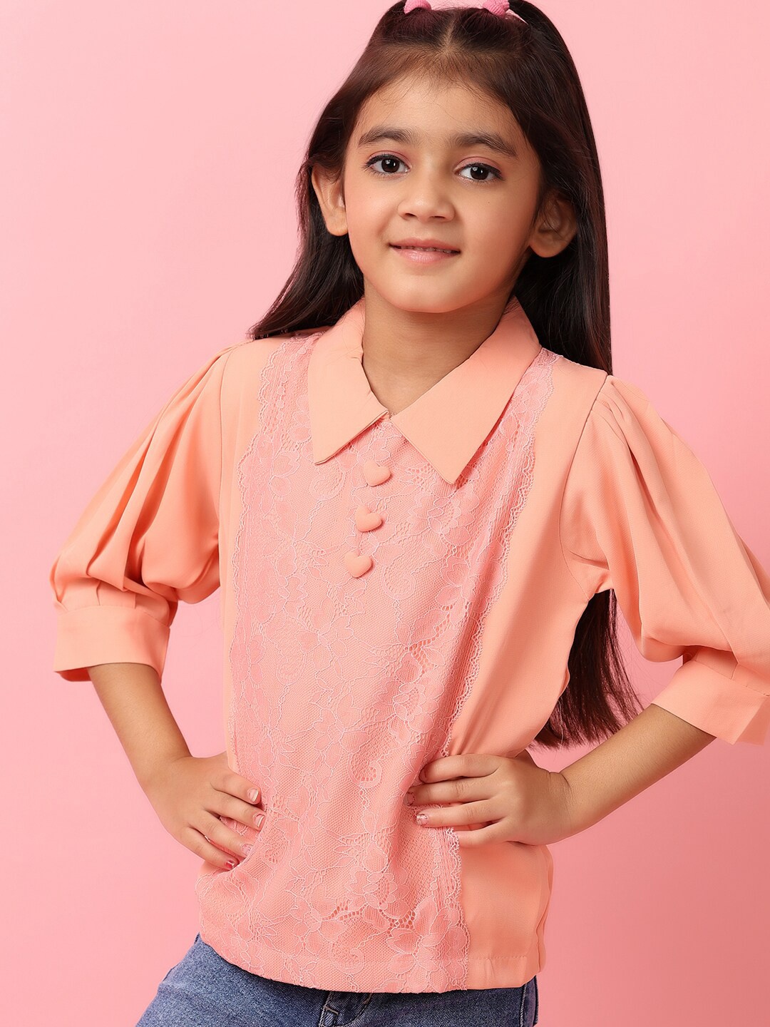 

V-Mart Girls Solid Self Design Shirt Collar Cotton Top, Pink