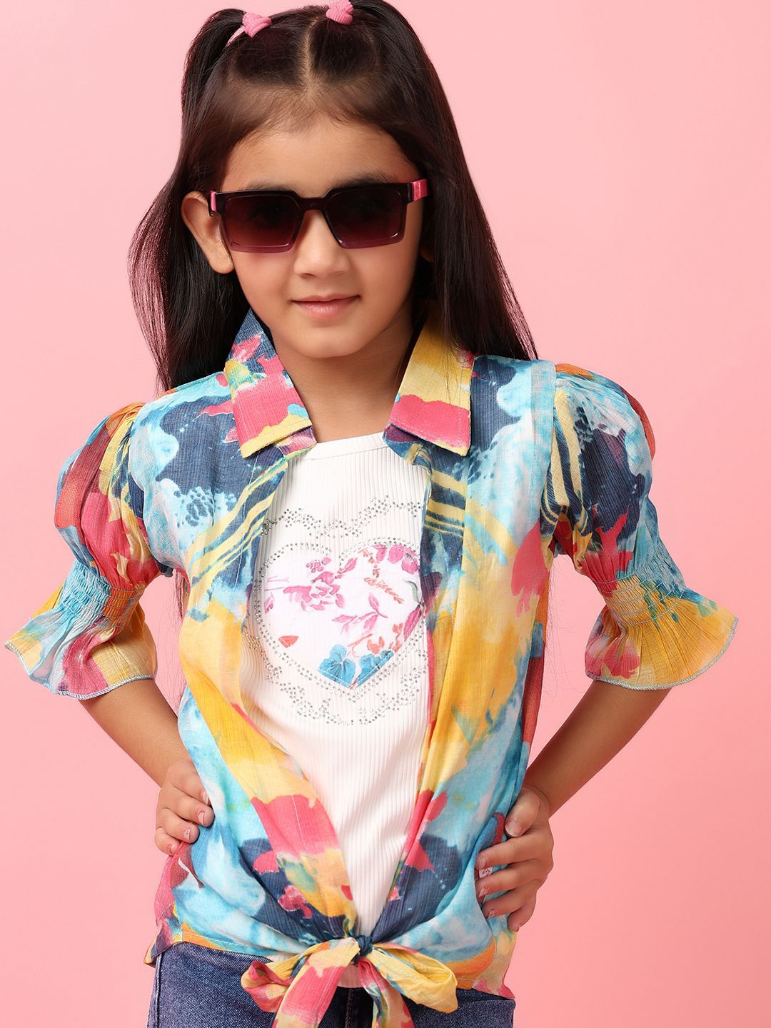 

V-Mart Girls Abstract Printed Shirt Collar Waist Tie-Ups Cotton Top, Multi