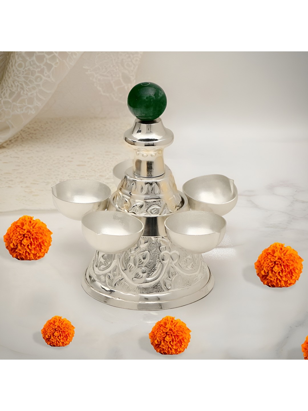 

THE HOME CO. Green Textured Panchmukhi Diya, Silver